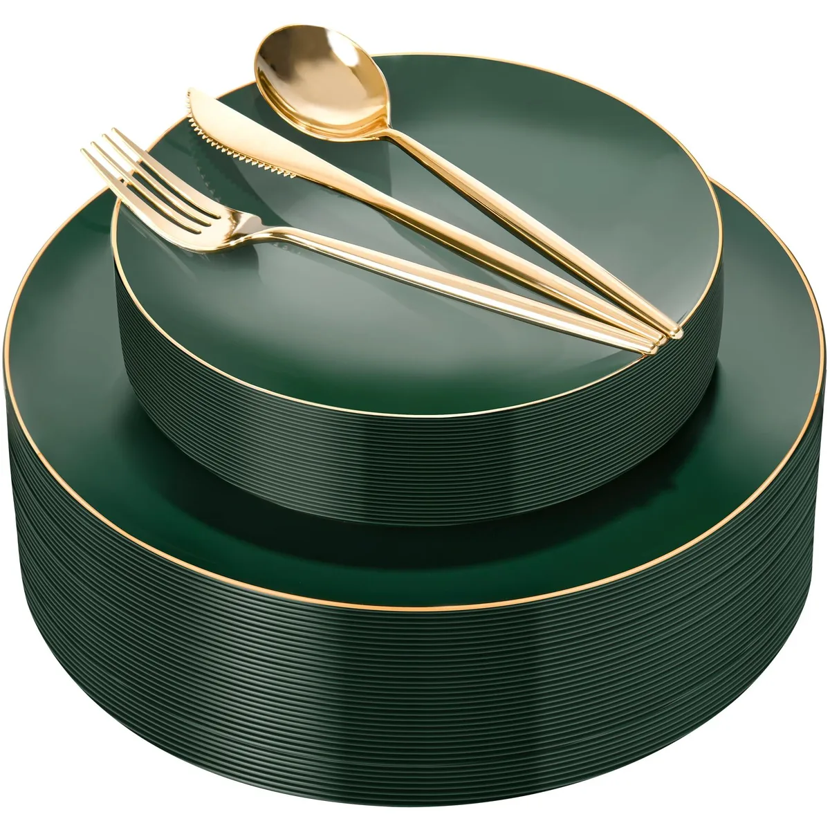 Rectangular white plastic dessert plates with green gold rim 10.63x7.68 in set of 30