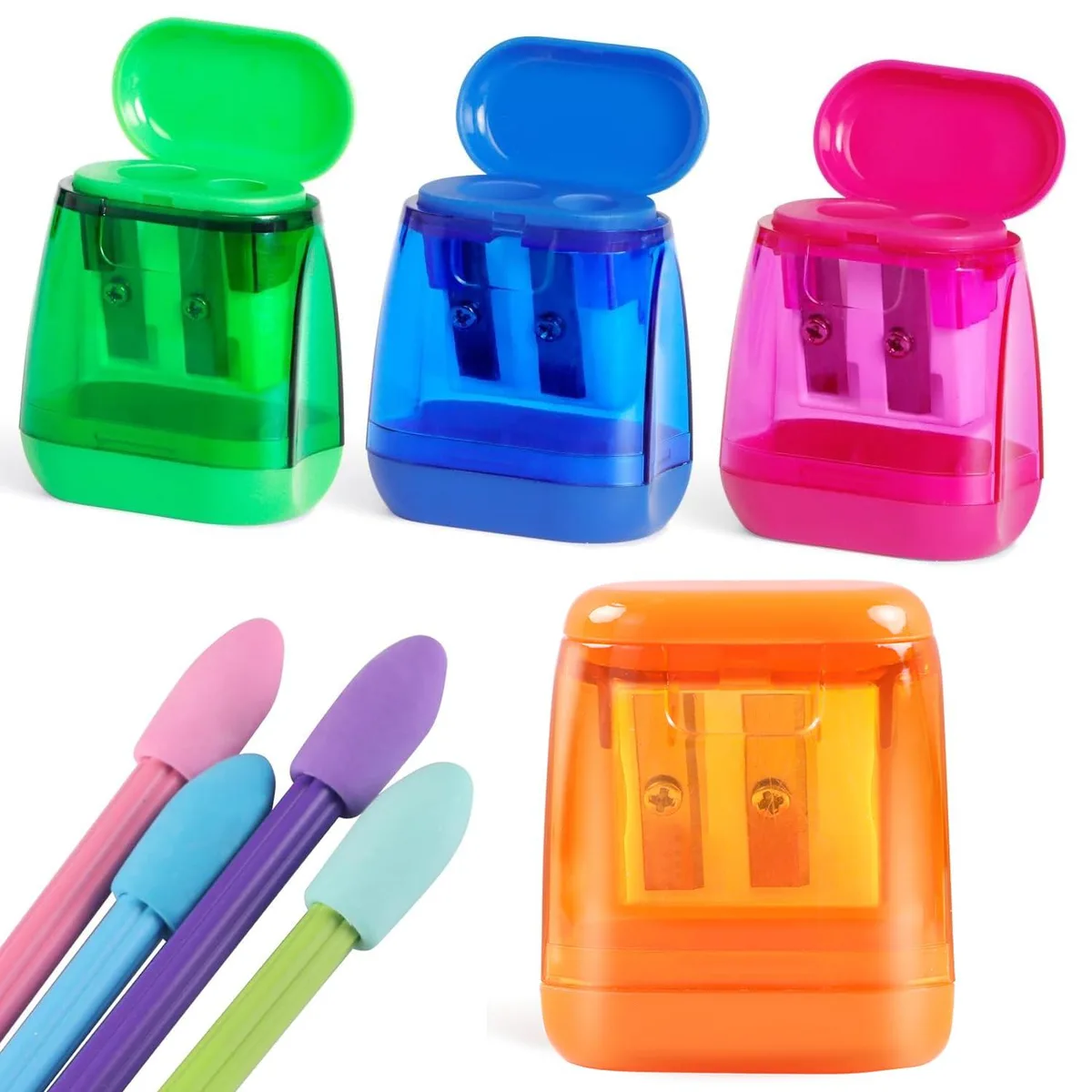 Four small red plastic handheld pencil sharpeners with transparent shavings trays and dual holes