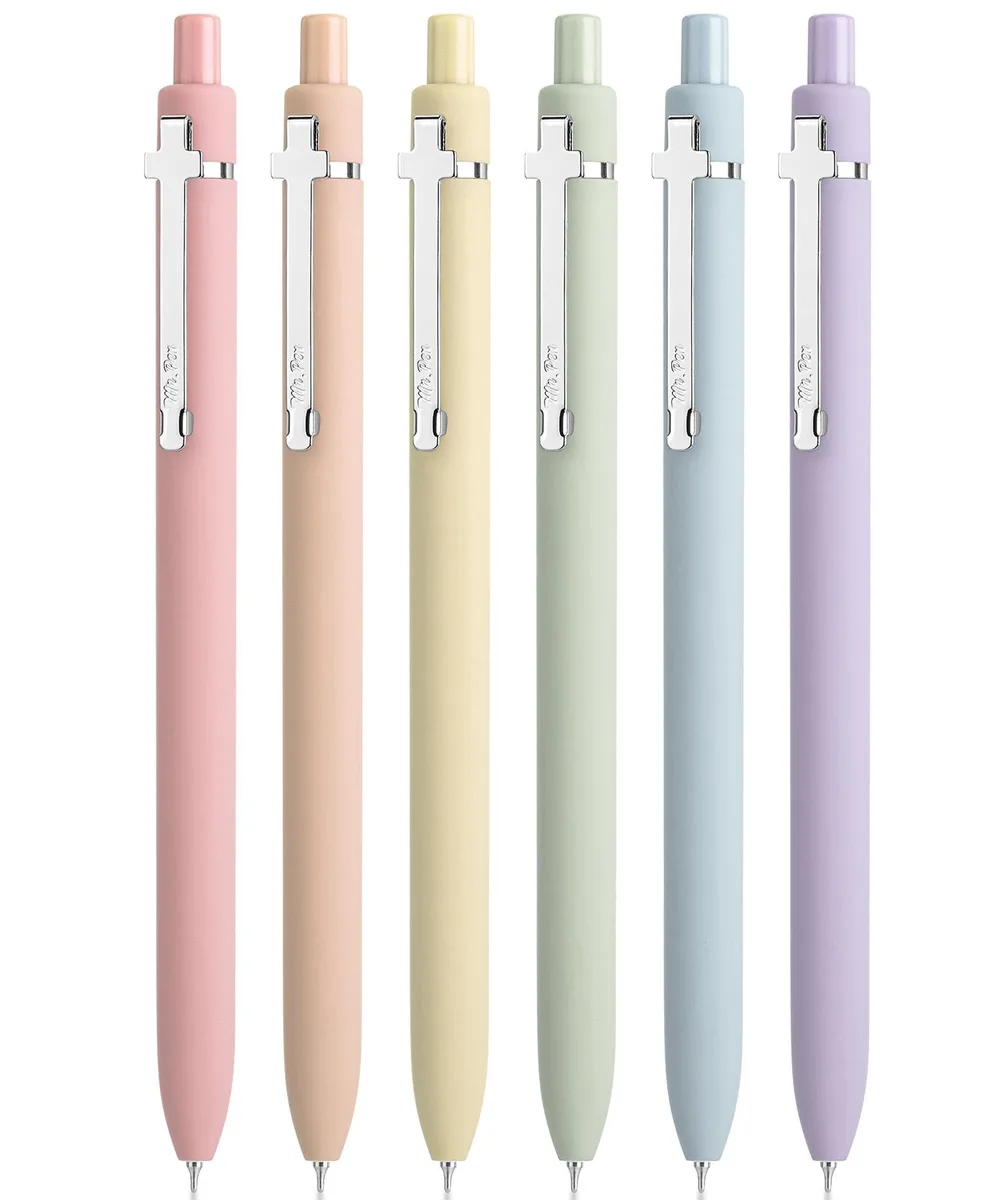 Mr. Pen Retractable Gel Pens 6 Pack 0.5 mm Black Ink Soft Pastel Barrels Silver Cross Clip — product photo