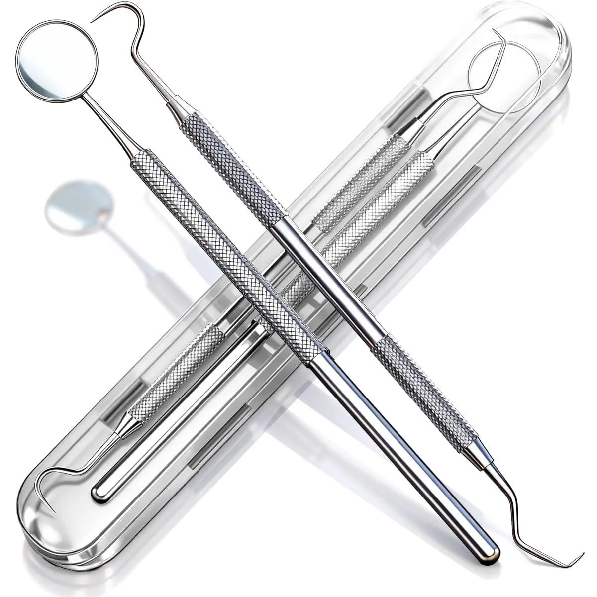 Two stainless steel dental tools with non-slip handles and a plastic case