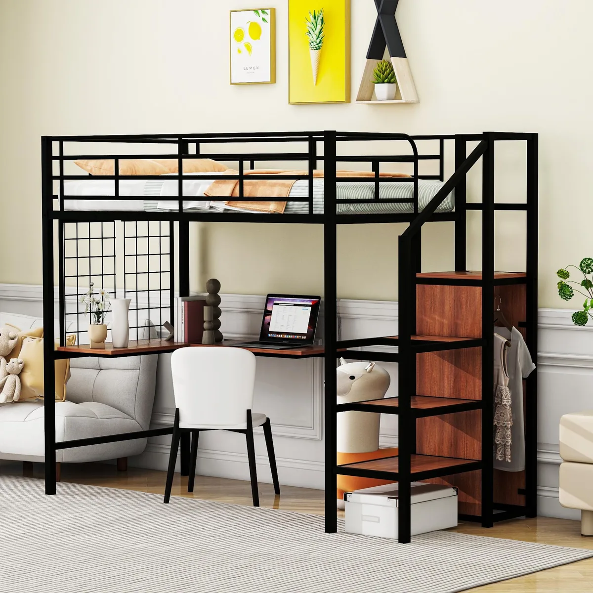 Black metal loft bed frame with built-in desk, ladder shelves and wardrobe