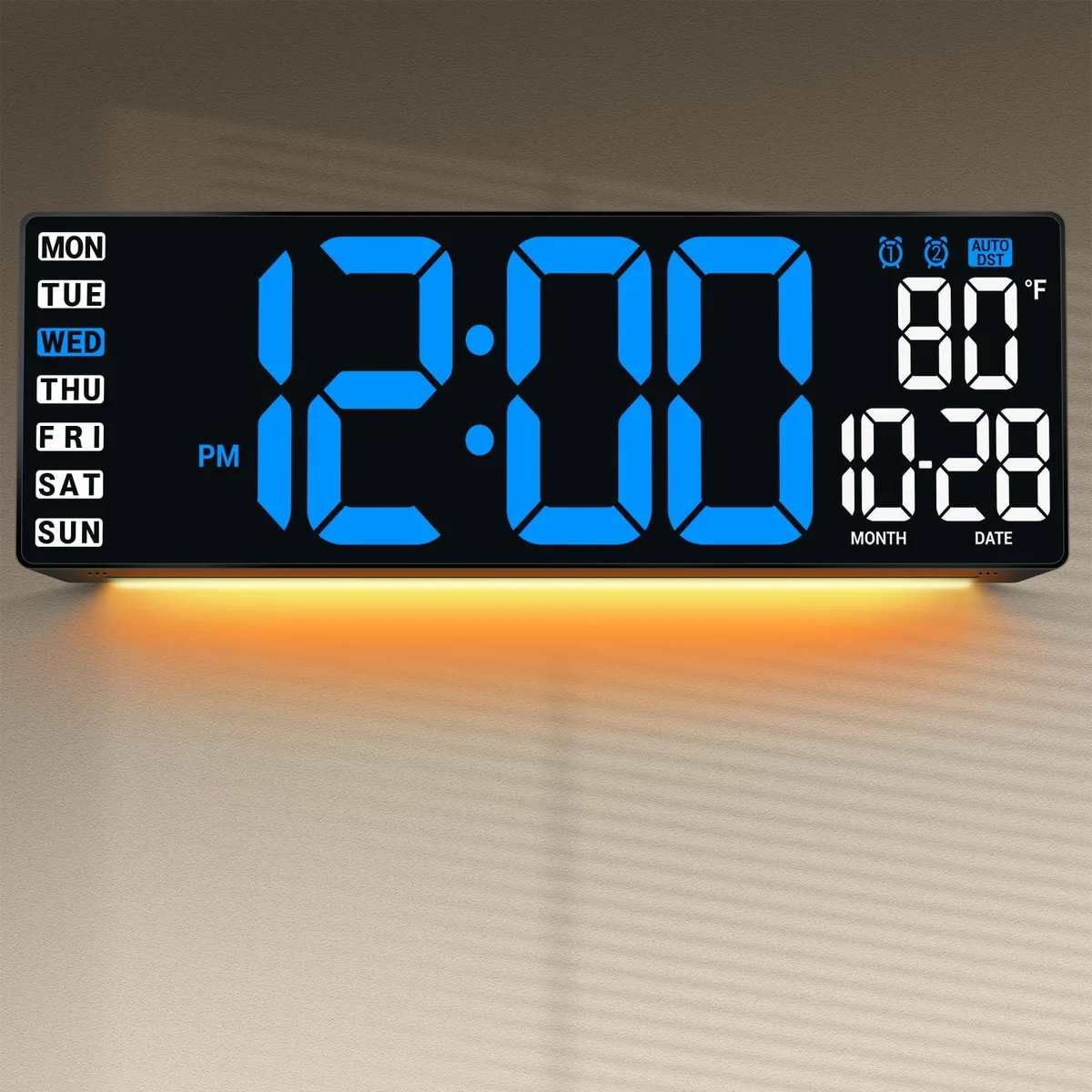 Blue rectangular digital wall clock, 16.5 inch LED display with large numbers, wall-mountable design