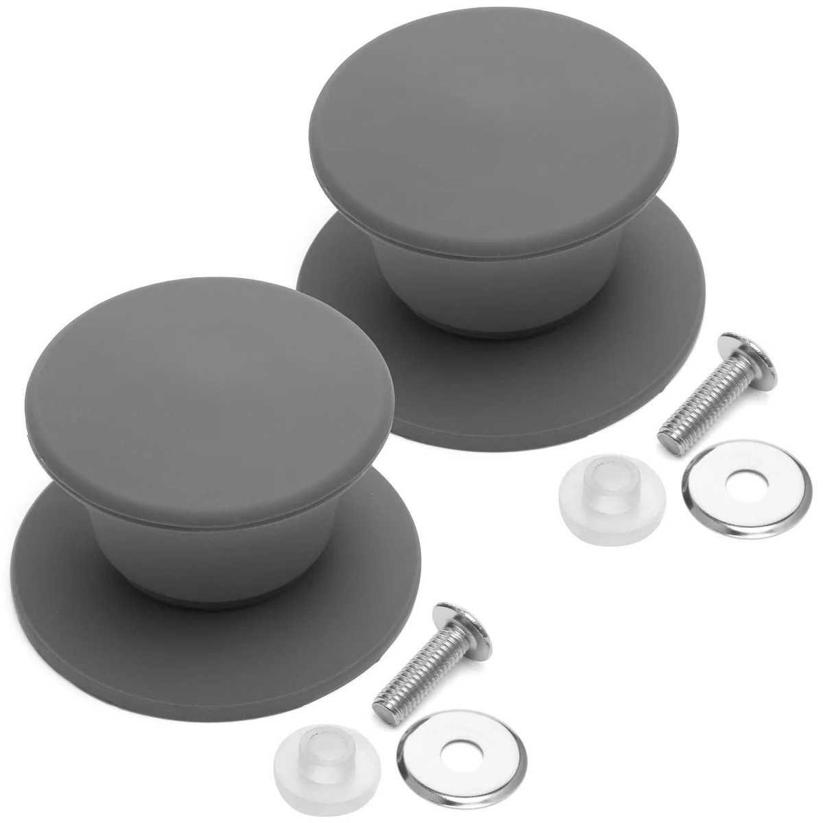 Two grey silicone round knob lid handles with screws and washers