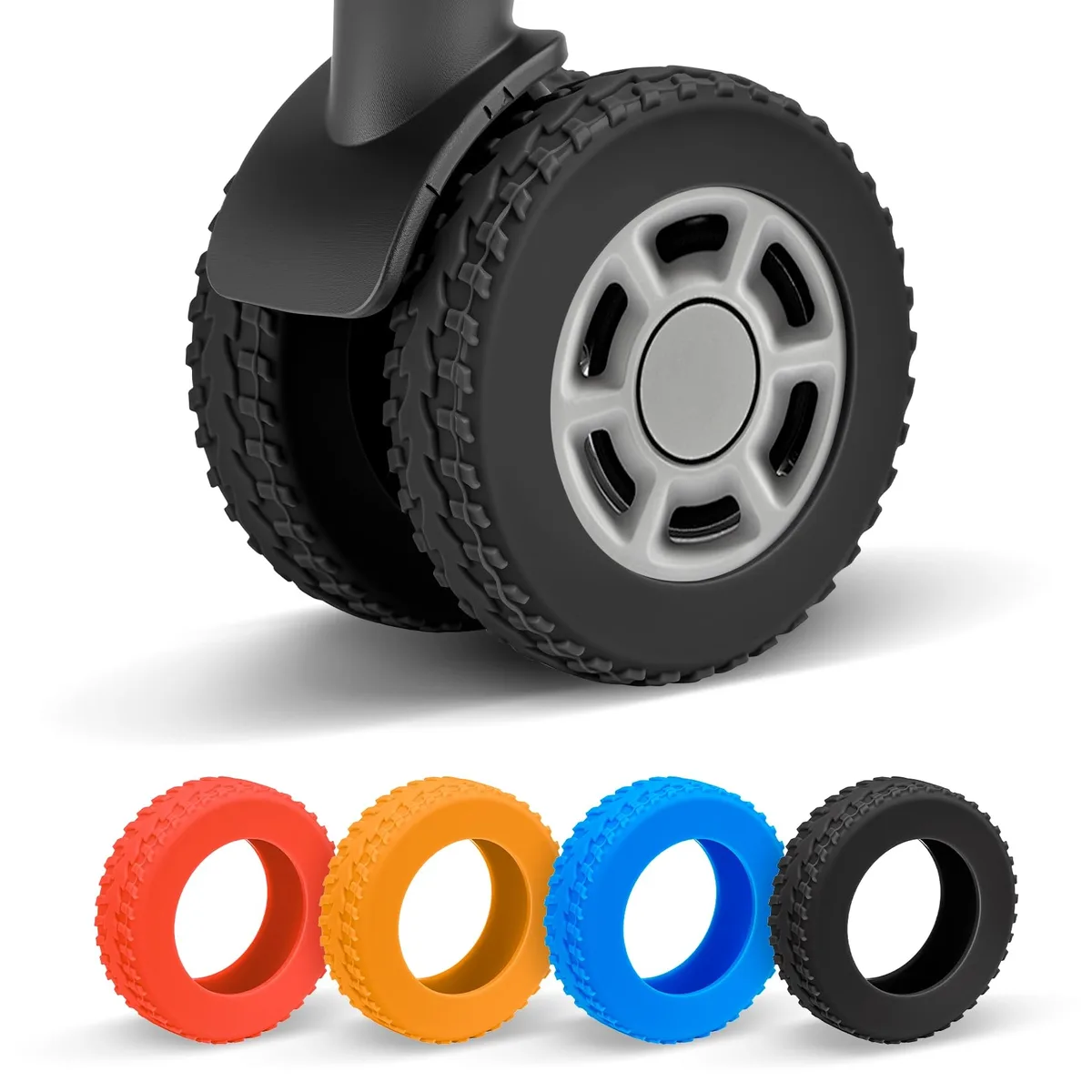 Eight black silicone wheel covers with textured tread pattern