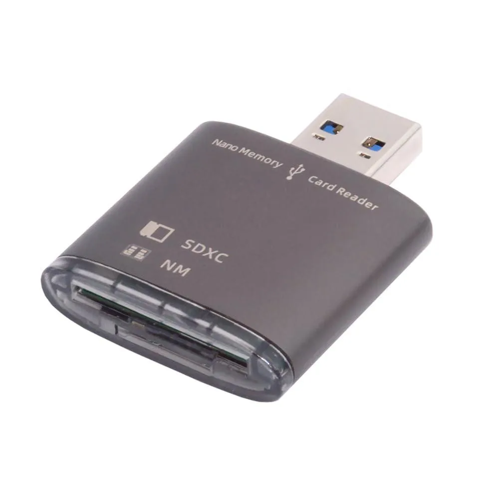 Compact USB 3.0 card reader with combined SD and NM slot, matte black finish