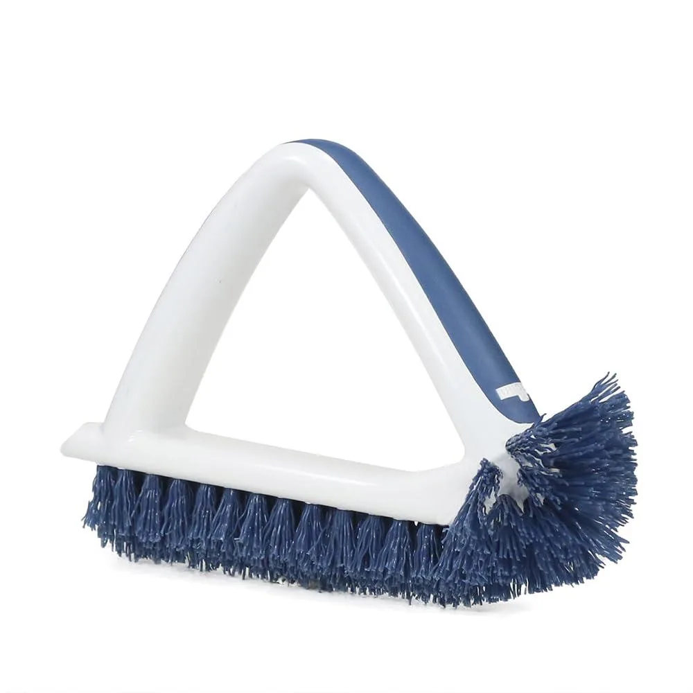 White triangular handle with dual V-shaped and rounded brush heads, 19 cm long