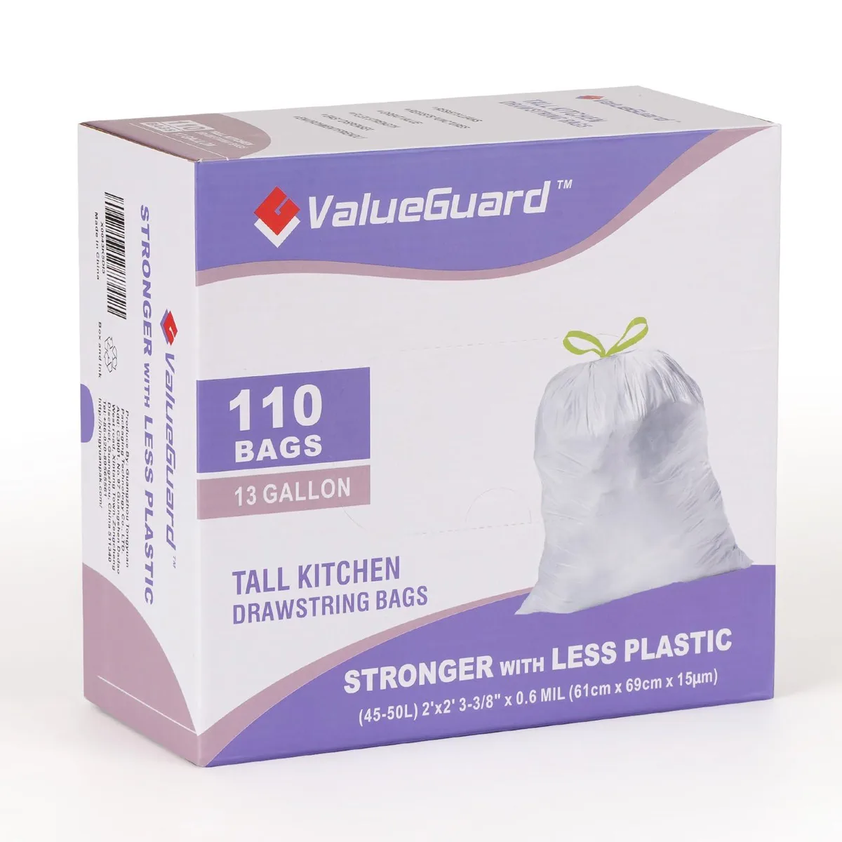 Blue 13-gallon drawstring trash bags in dispenser box, 110 count
