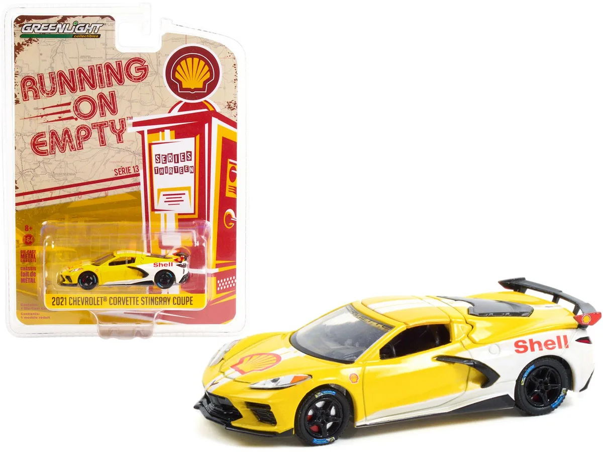 GREENLIGHT GREENLIGHT 2021 Chevrolet Corvette C8 Stingray Coupe "Shell Oil" Yellow &amp; White 1/64 Diecast Hobby Collectible — product photo