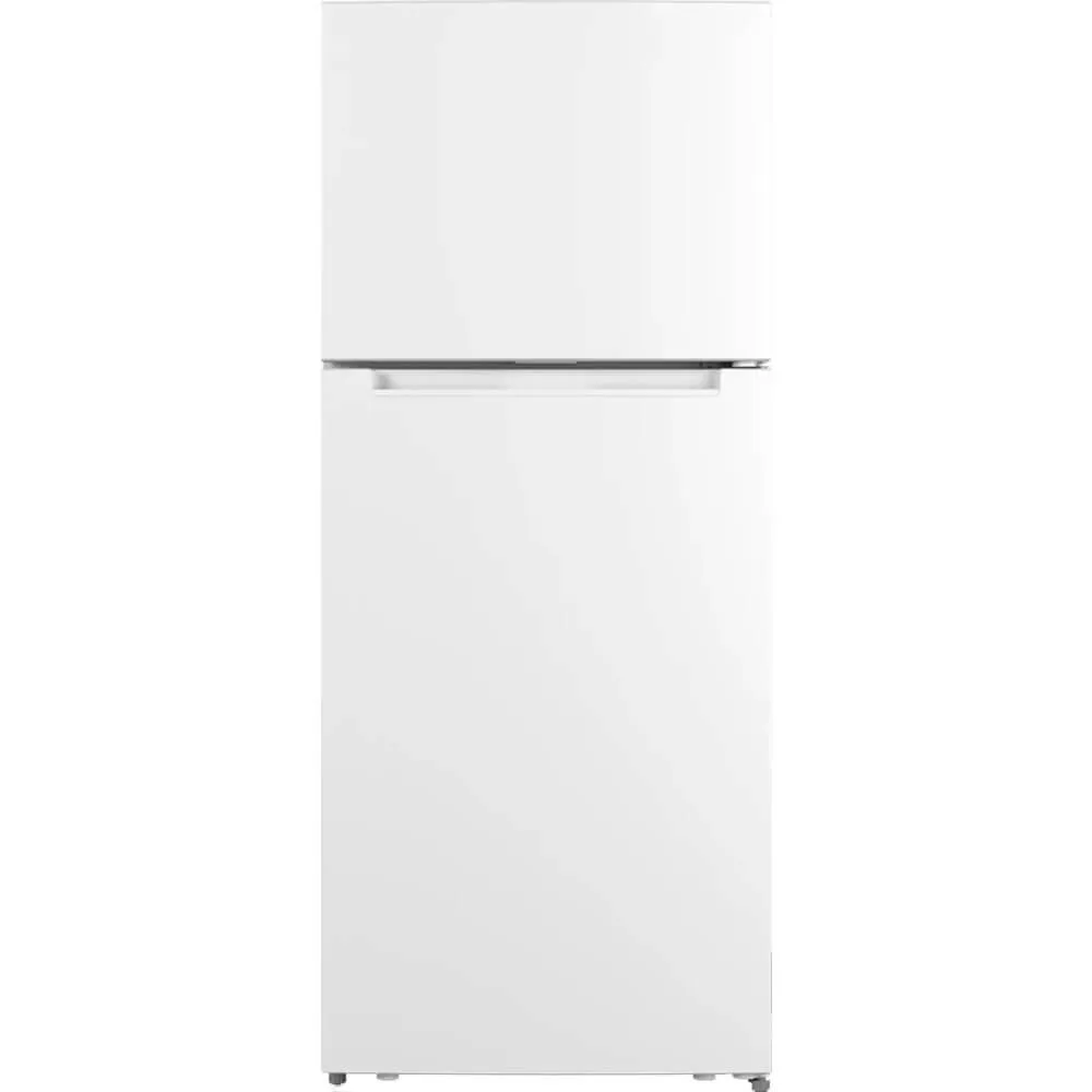 White top-freezer refrigerator, 28 inches wide, glass shelves, crisper drawers, gallon door bins, LED lighting