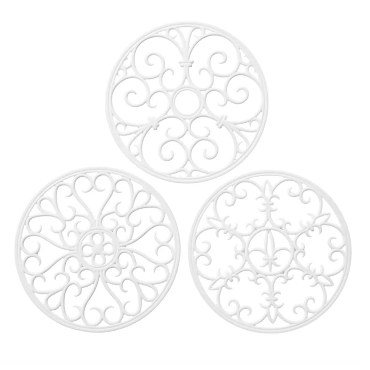 Three white silicone trivet mats with different decorative patterns, flexible heat-resistant pads for hot cookware