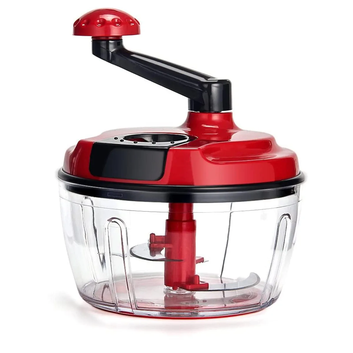 Red manual food processor with clear 1.5L bowl and crank handle