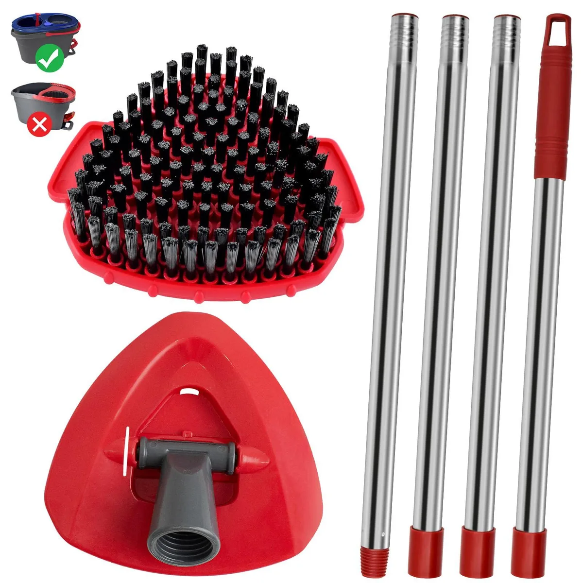 Four-section stainless steel mop handle, base and angled scrub brush, silver finish, adjustable from 30 to 58 inches