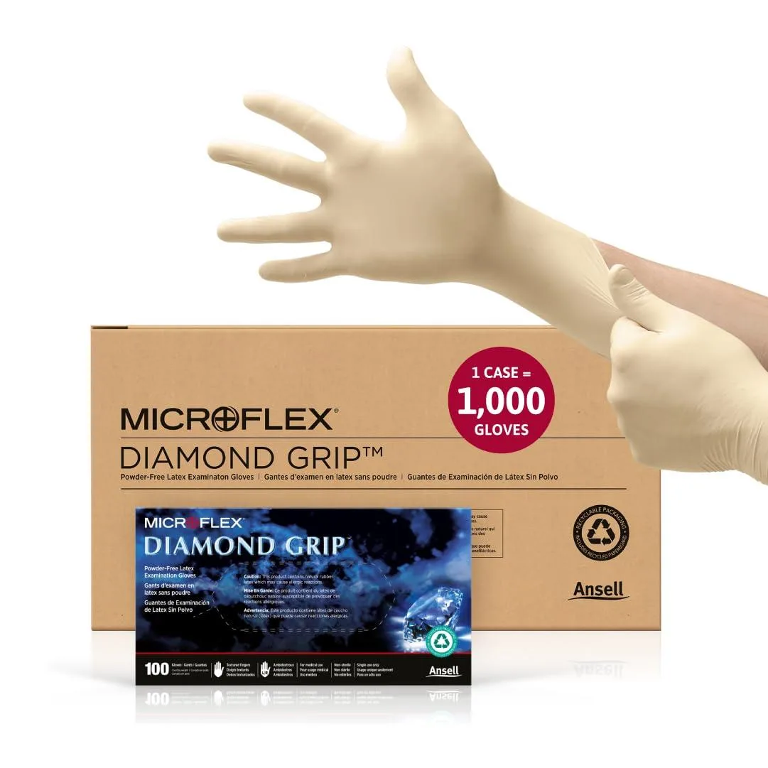 Ansell MICROFLEX Diamond Grip MF-300 Disposable Latex Gloves XL Natural Case of 1000 — product photo