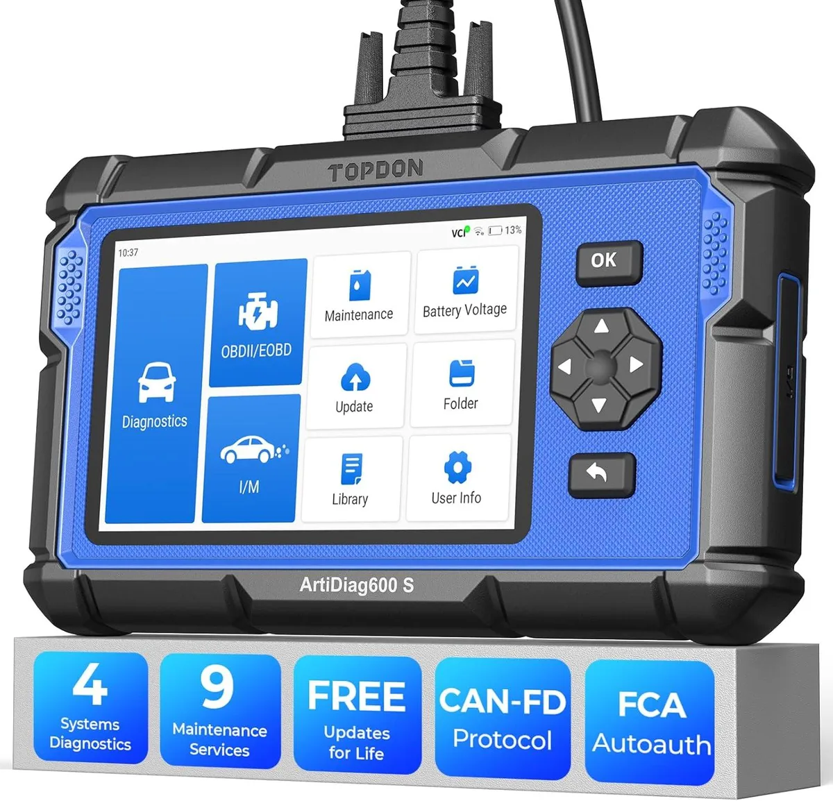 Handheld OBD2 scanner with 5-inch touchscreen, dark plastic casing, OBD-II cable attached
