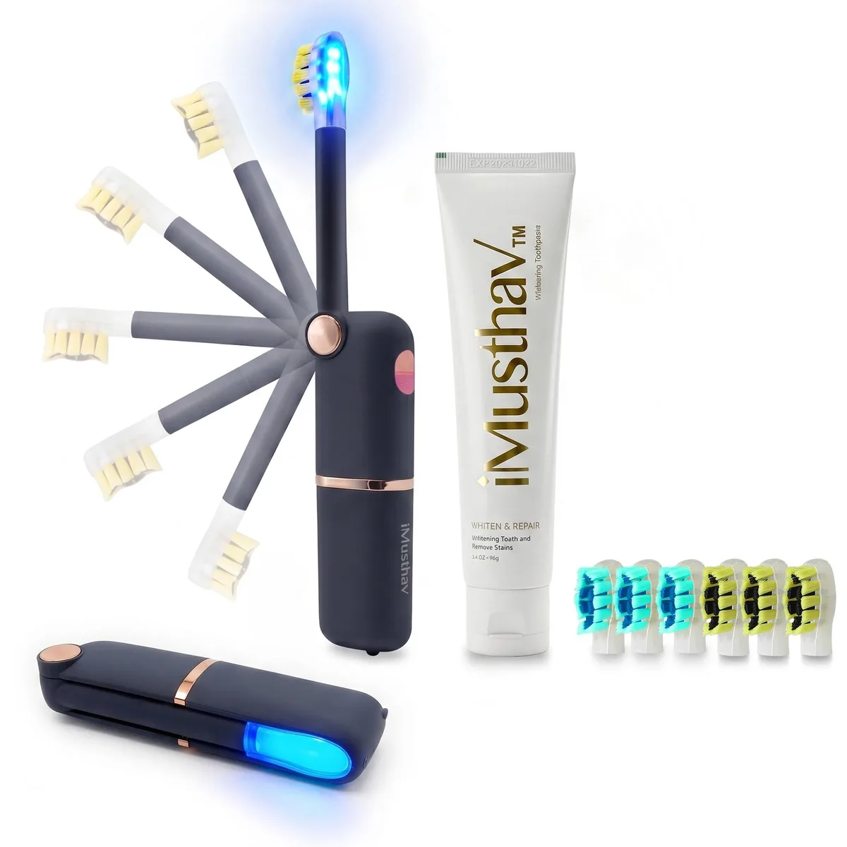 Grey foldable sonic toothbrush with blue LED light and travel case