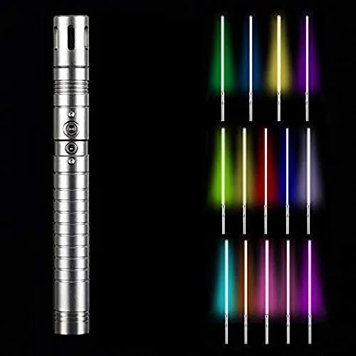 Silver-grey double-bladed lightsaber hilt with removable blade, 11 colour modes, sound effects, USB charging