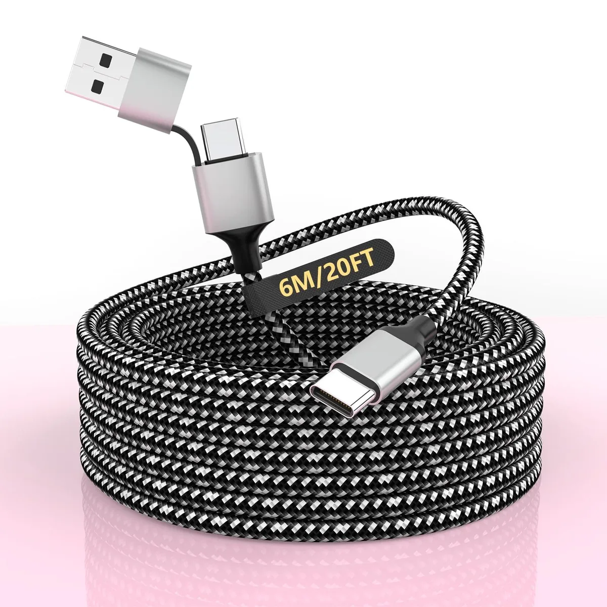 Six-metre nylon-braided 3-in-1 cable with USB-C and USB-A ends joining a single Type-C tip