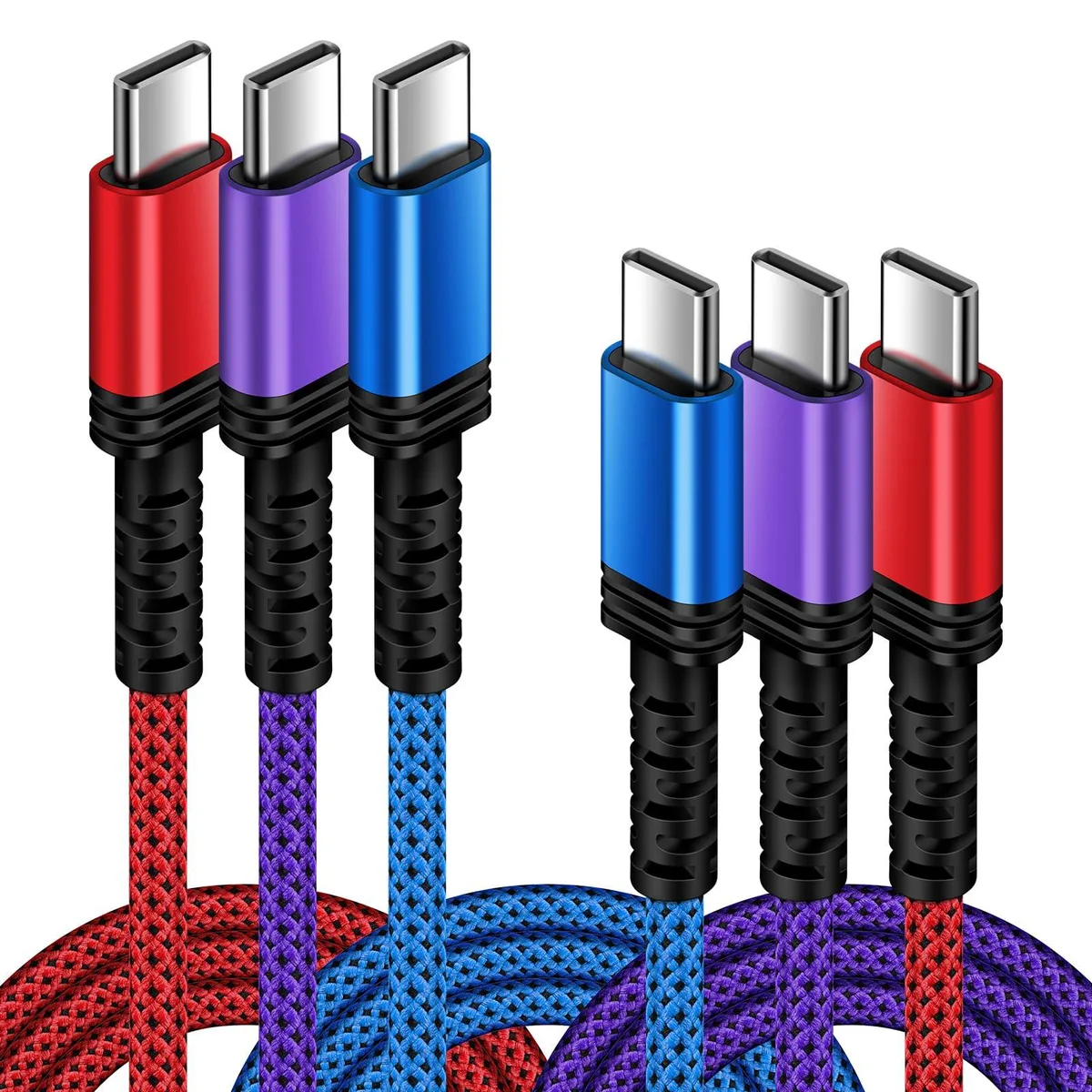 Three braided USB-C to USB-C cables coiled together, grey nylon finish, six feet long