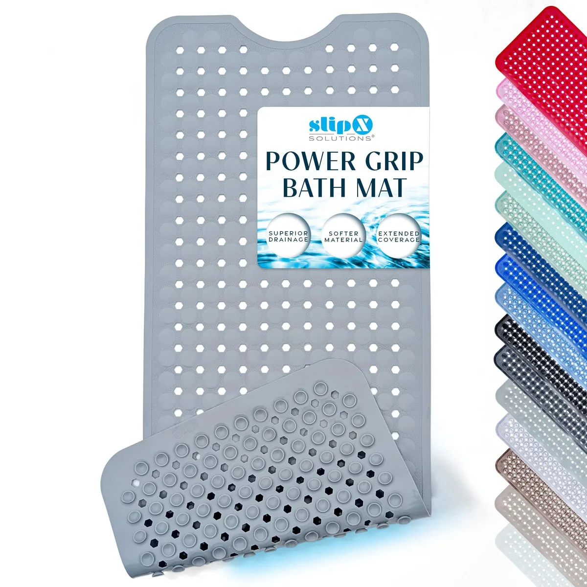 Gray rectangular bath mat with hundreds of suction cups and drain holes