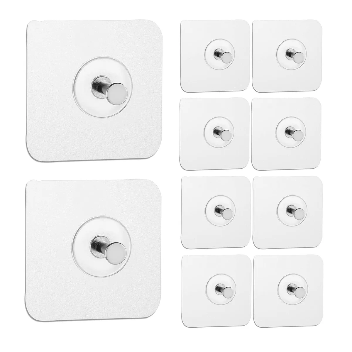Transparent adhesive wall hooks, ten pack, stainless steel .4 in heads
