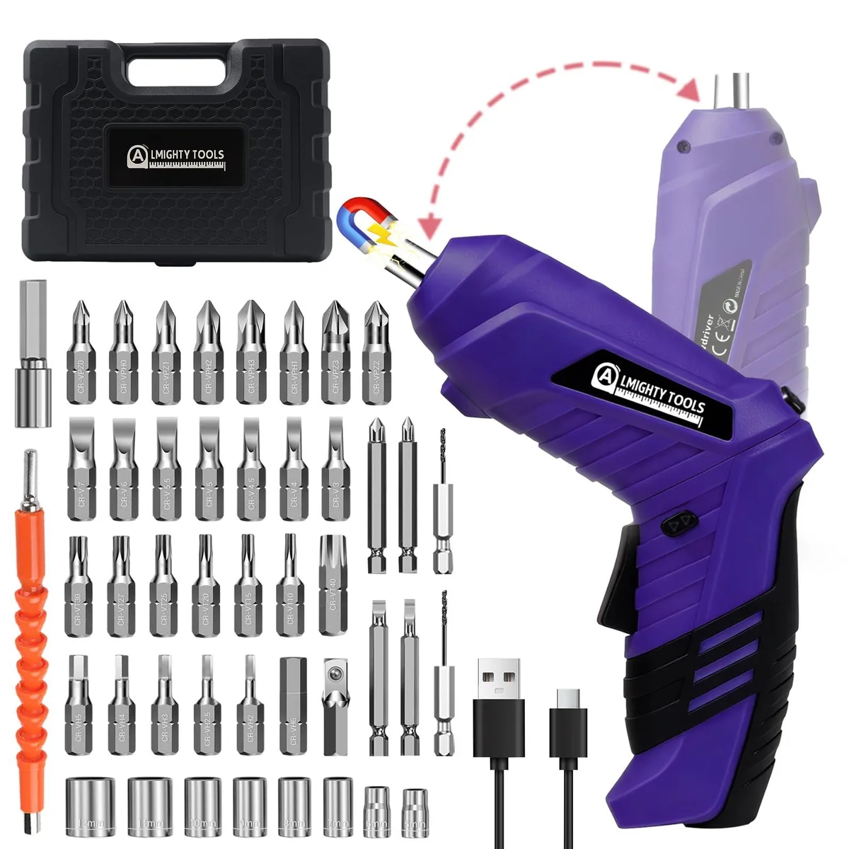 Compact 3.6V cordless screwdriver with pivoting handle LED light and 47-piece accessory set in black case