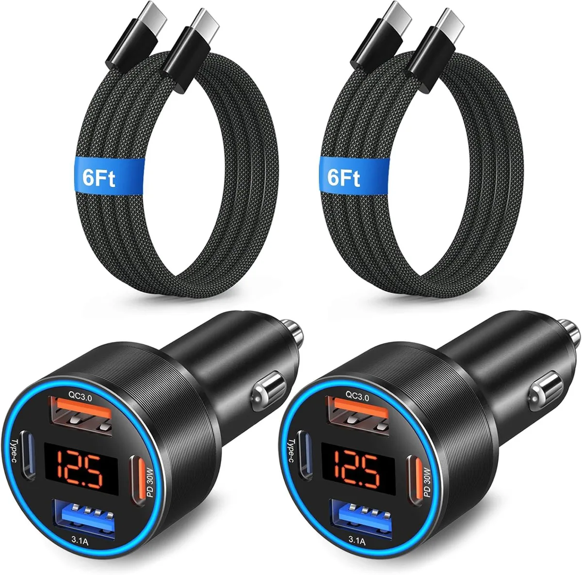 Hamzan Hamzan 65W 4-Port USB-C &amp; USB-A Car Charger 2 Pack with 60W Cables — product photo