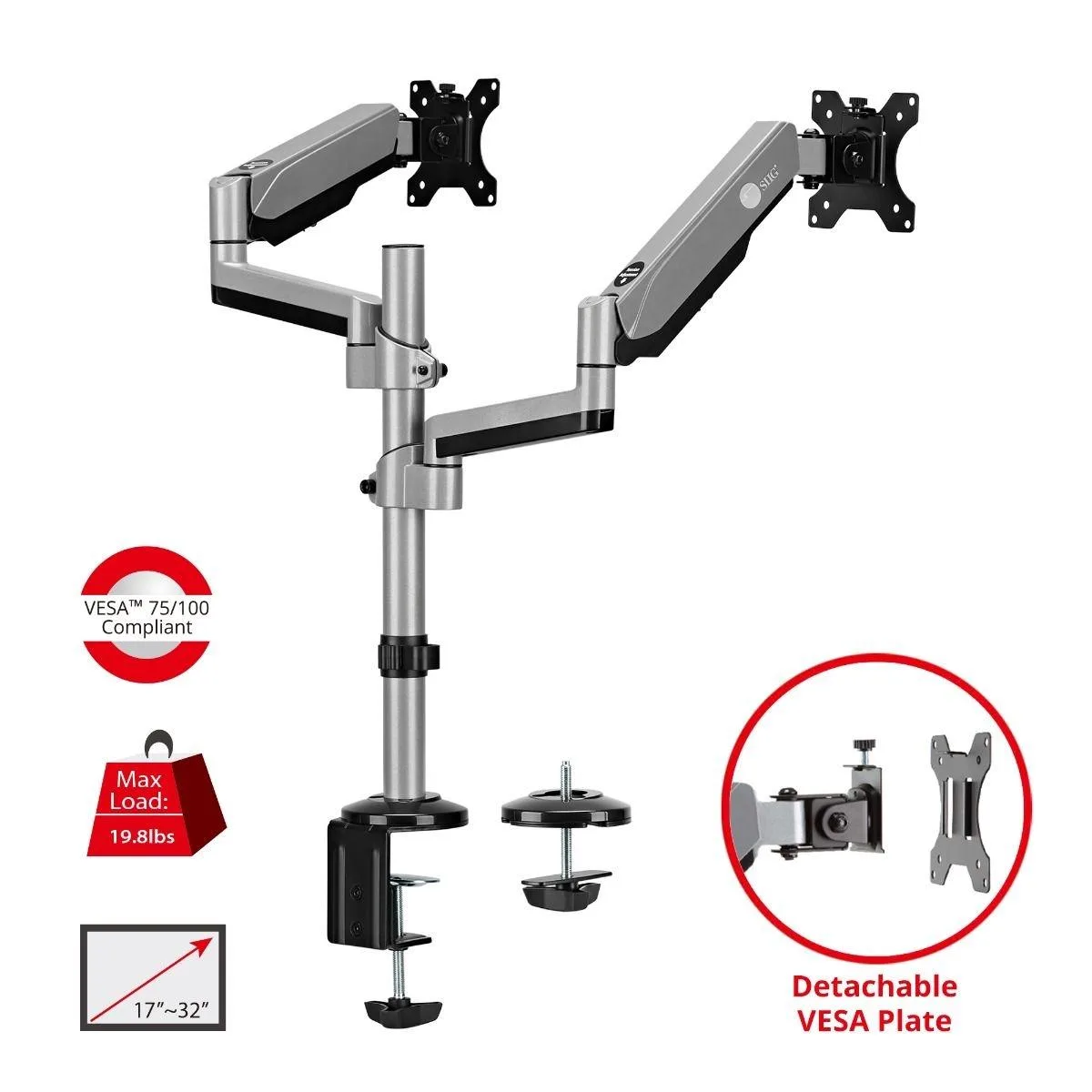 SIIG, Inc SIIG, Inc CE-MT3R11-S1 dual stacked monitor arm 17-32" 19.8 lbs VESA 75/100 silver — product photo