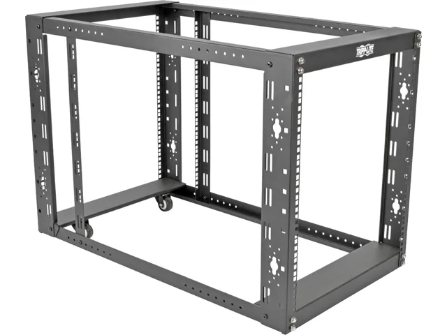 Black powder-coated steel open frame server rack with four posts and built-in casters