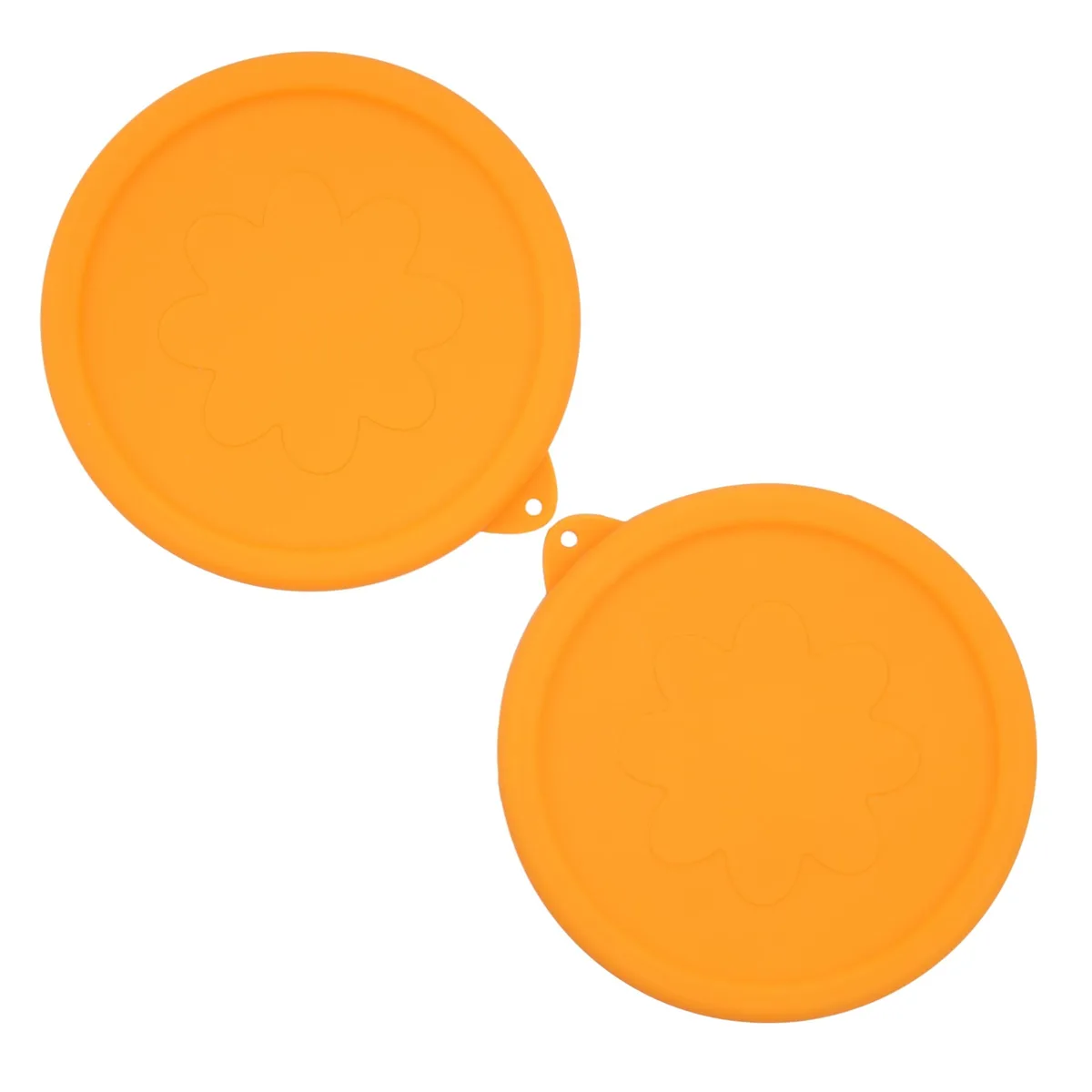 Two orange silicone lids, round with hanging holes, shown flat