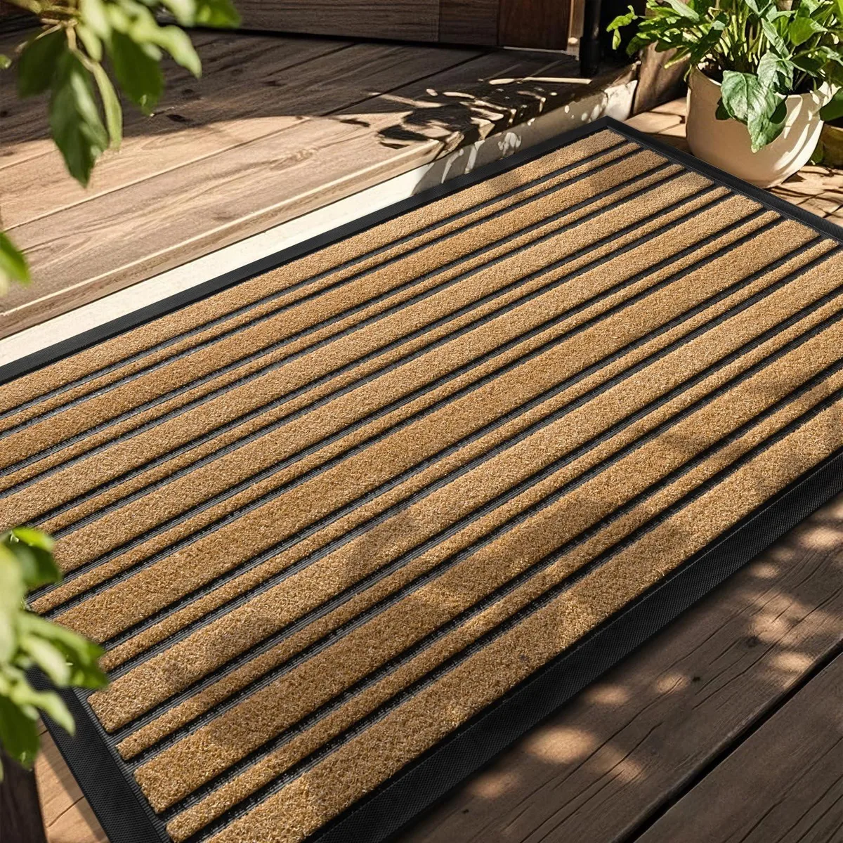 Rectangular bamboo door mat with striped black finish 30.5 by 17 inches