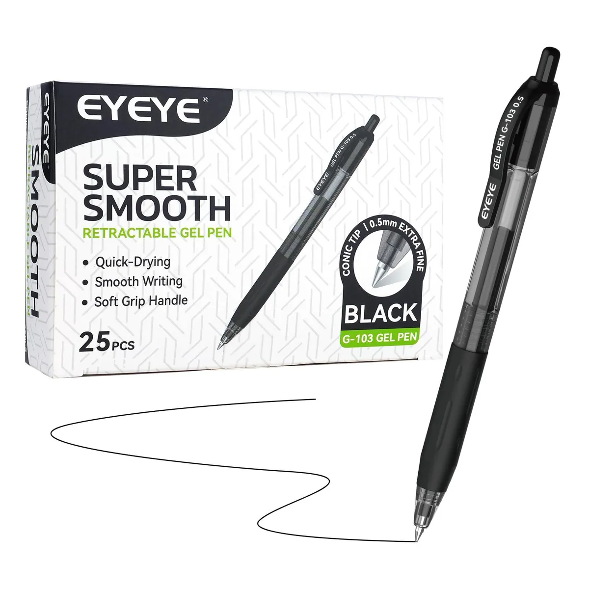 A clear plastic box holding 25 black gel pens with fine tips