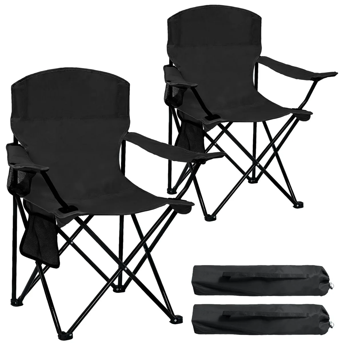 Two black folding camp chairs with cup holders and side pockets, folded flat in carry bags