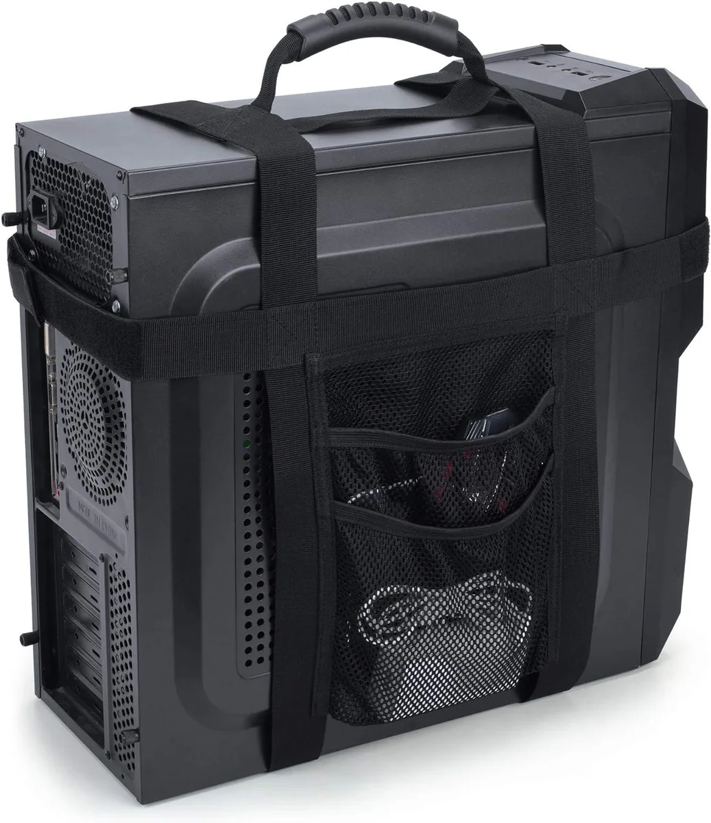 Adjustable strap carrier for PC towers, black mesh pockets, rubber handle