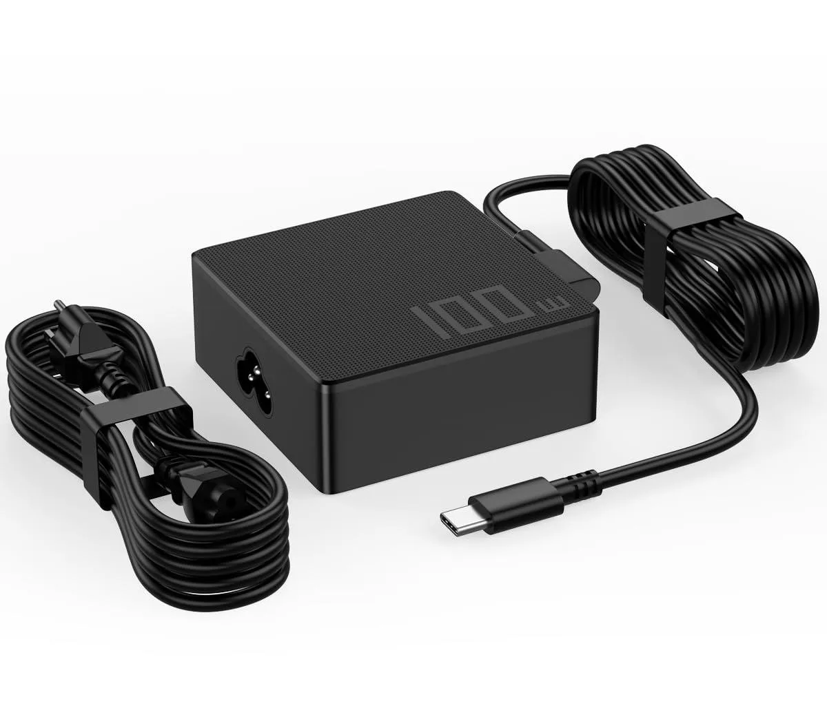 Compact black USB-C power adapter with detachable cable