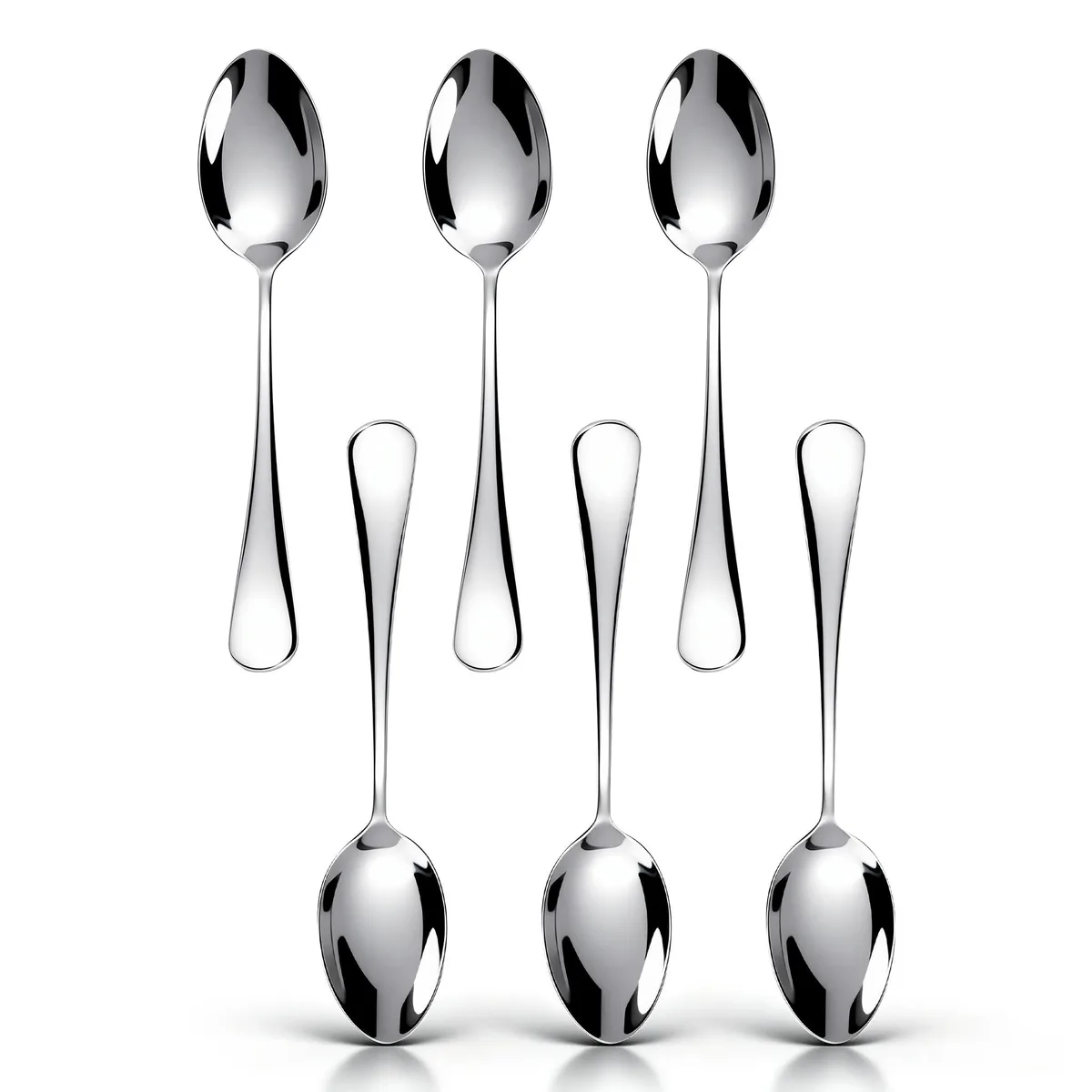 Sixteen silver stainless-steel demitasse spoons, five inches long, mirror-polished finish