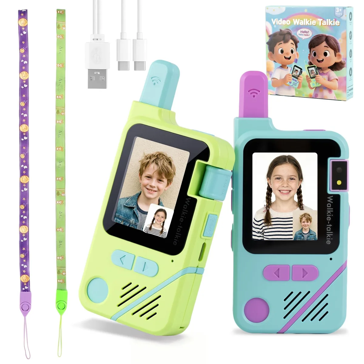 Pair of blue and green video walkie talkies with flip cameras and HD screens