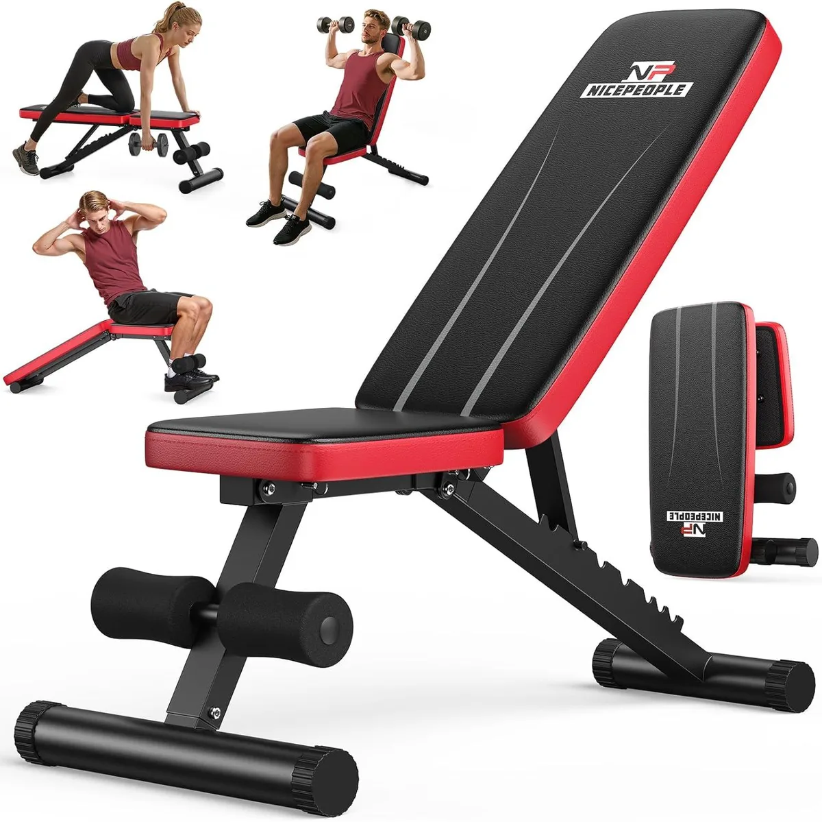 Black adjustable weight bench with steel frame, folded flat for storage