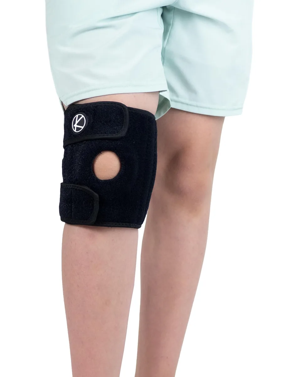 Black youth knee brace with open patella and three adjustable hook-and-loop straps