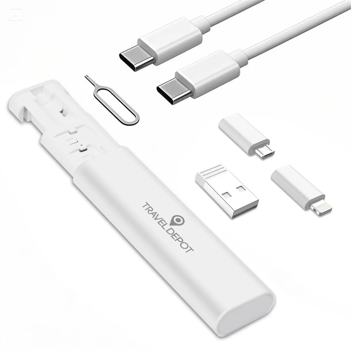 White compact USB adapter kit with Type C cable, Micro USB and L connectors, SIM eject tool in case
