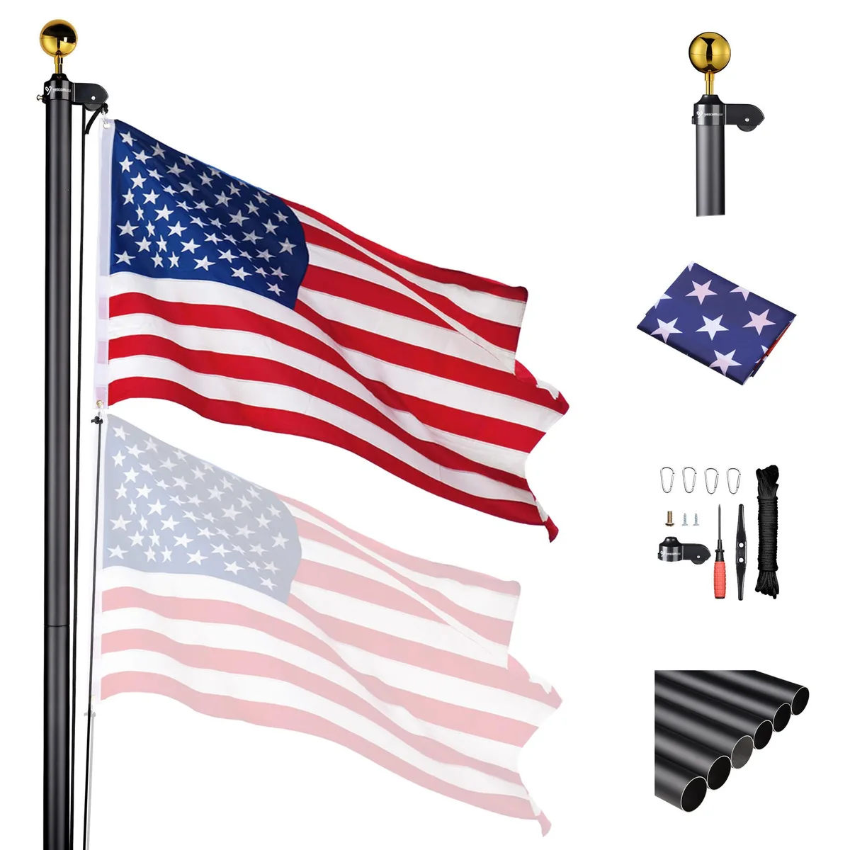 Yescom USA, Inc. Yescom USA, Inc. 22FLP009-20FT-06 20 ft Aluminum Sectional Flagpole Kit with 3x5 ft US Flag — product photo