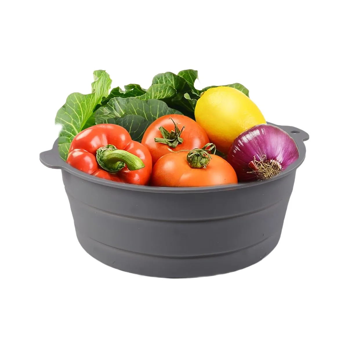 Grey round collapsible silicone bowl with rigid rim and patterned base