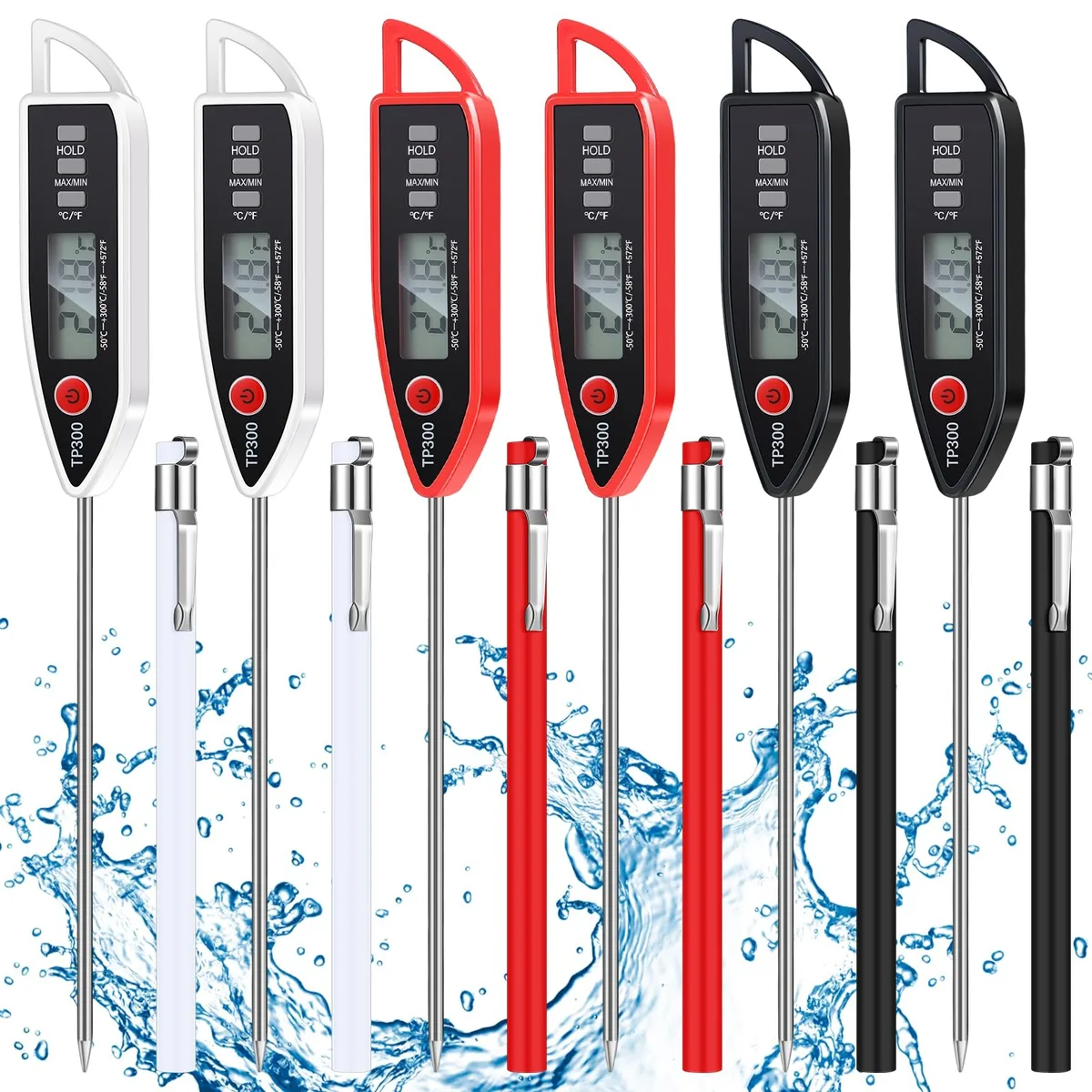 Six waterproof digital thermometers in black white red with long stainless probes and tip protectors