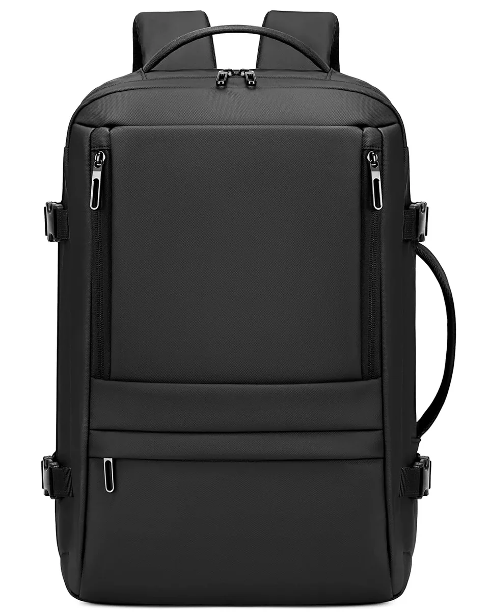 Black polyester expandable carry-on backpack with laptop compartment, 35L capacity, 180-degree opening