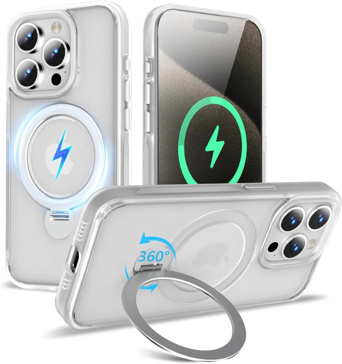 PISKEKAT PISKEKAT iPhone 15 Pro Case 6.1 360° Magnetic Ring Stand Frosted White — product photo