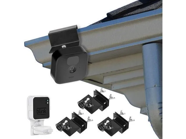 Three black gutter mounts and a white wall mount for Blink cameras