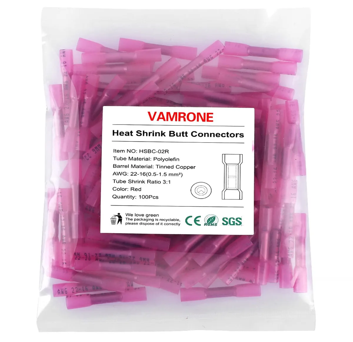 Red heat-shrink butt connectors in a bulk pack of 100 pieces