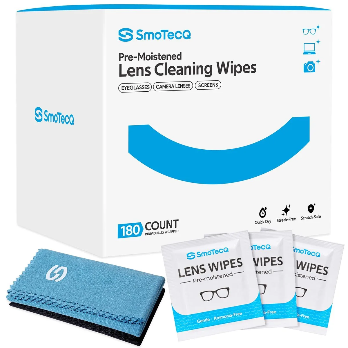 Box of 180 individually wrapped lens wipes with two microfiber cloths