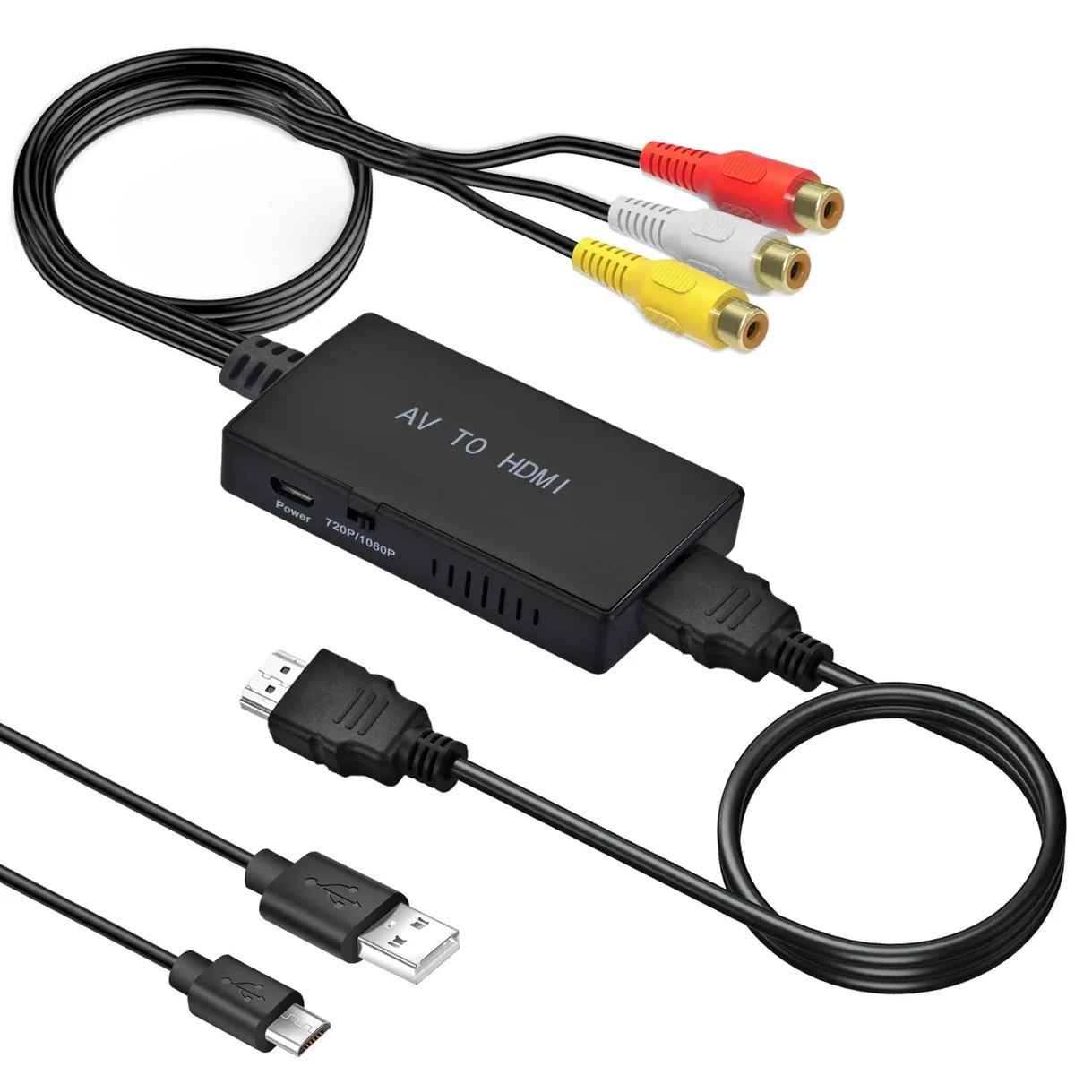 Black box converter with short RCA and long HDMI cables attached