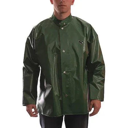 Green hip-length rain jacket with snap front and storm flap, size XL
