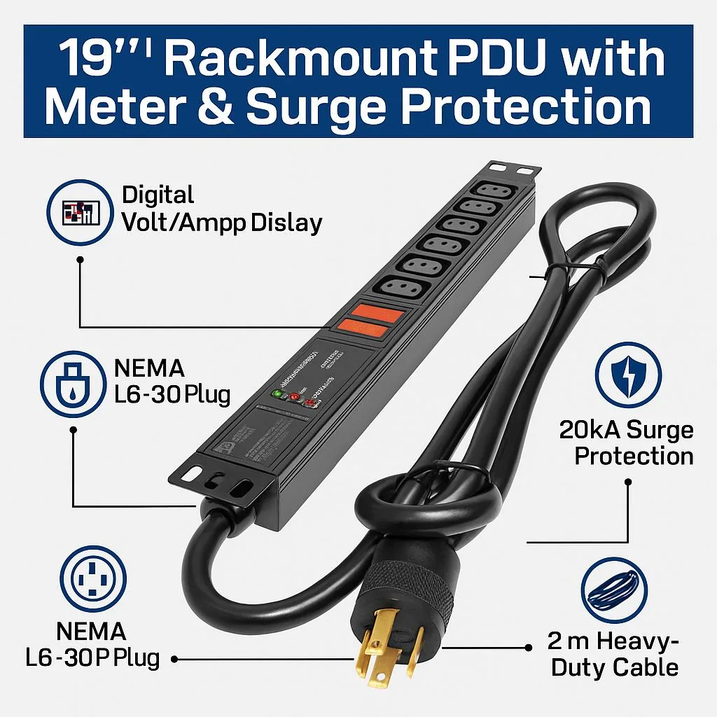 Valiant Power Valiant Power 240V 30A Rackmount PDU L6-30P 7200W 6 C13 2m Cord Digital Display Surge Protected — product photo